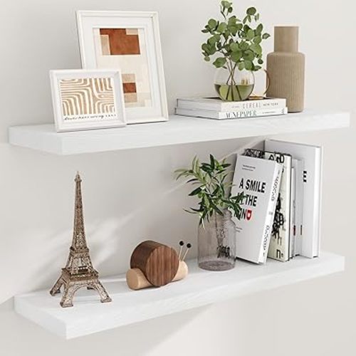 Fun Memories 40" W x 9.3" D White Floating Shelves for Wall, Deep Long Floating Shelf for Home Bathroom, Bedroom, Living Room, Rustic Wood Wall Mounted Shelves for Books Decor