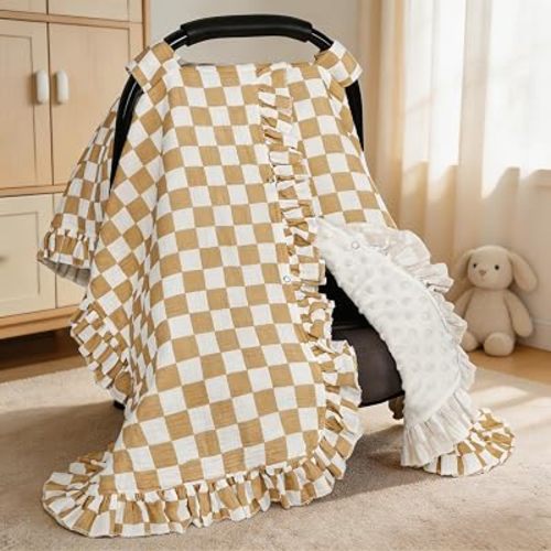 DILIMI Car Seat Covers for Babies, Muslin Cotton Ruffled Baby Car Seat Cover with Peekaboo Opening, Minky Infant Car Seat Canopy for Boys Girls Newborn, Brown Plaid
