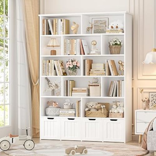 FINETONES 69" H Toy Storage Organizer, 6 Tier Tall Kids Bookshelf with 4 Movable Drawers and 12 Storage Cubbies, 49.4" W Toy Organizers and Storage Organizer Playroom Storage for Kids Room