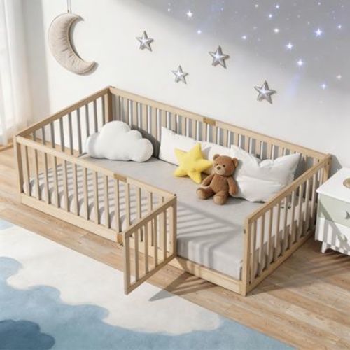Sailvan Twin Floor Bed with High Fence Railings and Door,Solid Rubber Wood Kids Platform Bed Frame Natural