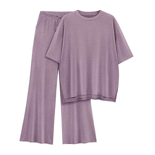 Womens Lounge Set 2026 Summer 2 Piece Outfits Oversized Short Sleeve Tops & Wide Leg Pant Matching Sets Clothing