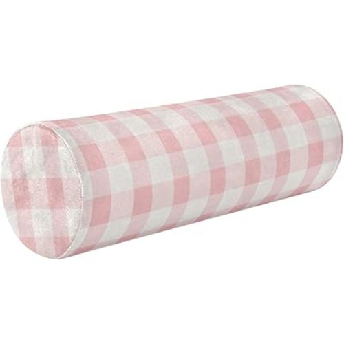 Cylinder Pillow Neck Roll Memory Foam Round Pillow Pink and White Gingham Pattern Cylinder Bolster with Removable Washable Cover for Head Neck Legs Support