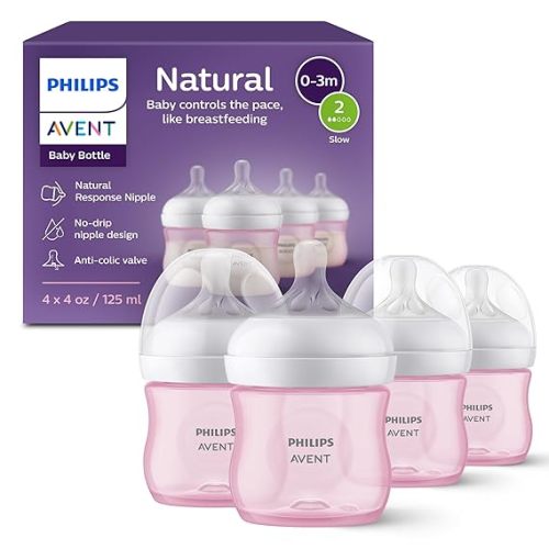 Philips Avent Natural Baby Bottles with Natural Response Nipples (Slow Flow, Flow 2), 4oz, Pink, 4-Pack, SCY900/14
