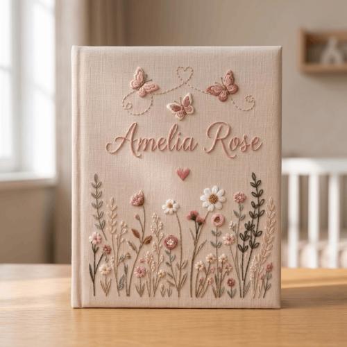 Personalized Hand-Embroidered Floral Photo Album, Baby Memory Book, Custom Baby Name Photo Album, Embroidered Name Keepsake, 1st Birthday