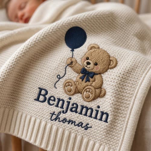 Personalized Teddy Bear Embroidered Baby Blanket, Custom Name Woodland Cabin Nursery Keepsake, Gift For Baby, Nursery Keepsake, Newborn Gift