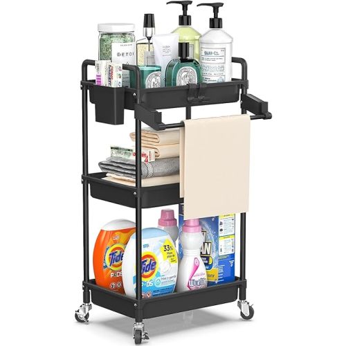 SPACEKEEPER Rolling Storage Cart, 3 Tier Utility Cart Laundry Room Organization Mobile Shelving Unit Bathroom Organizer with Towel Rack, Lockable Wheel, Hooks & Cup for Kitchen Office, Black