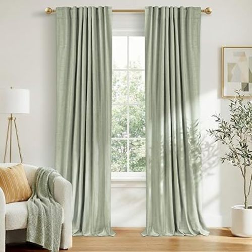 100% Blackout Shield Linen Blackout Curtains for Bedroom 84 Inches Long, Back Tab/Rod Pocket Living Room Drapes, Thermal Insulated Blackout Curtains 2 Panels Set, 50" W x 84" L,Sage Green