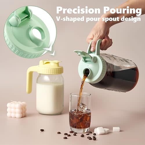 2 - 32oz Glass Pitcher with Lid & V-shaped Pour Spout - 1 Quart Double Leak Proof, Creamer Container for Sun Tea, Juice, Cold Brew Coffee, Breastmilk Storage Container