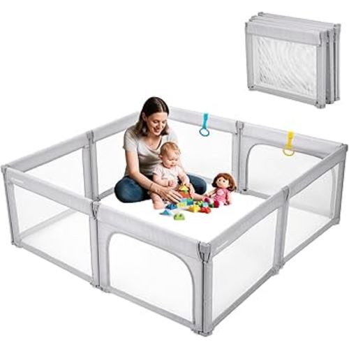 Doradotey Foldable 71"x79" Baby Playpen – 8-Panel Breathable Mesh Play Yard with Shape-Flex Design, Easy No-Tools Setup & Portable Storage for Indoor/Outdoor Safety, Light Grey