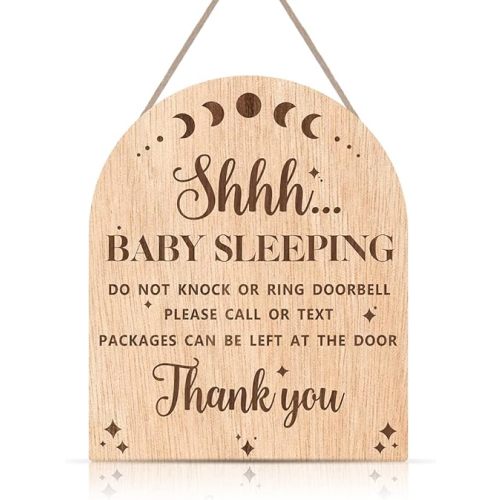 OLMIXA Baby Sleeping Wooden Hanging Sign for Front Door (9.8x12inch), Do Not Knock or Ring Door Knob Hanger Sign, Door Hanger for Outdoor Outside Porch Kids Room Decor