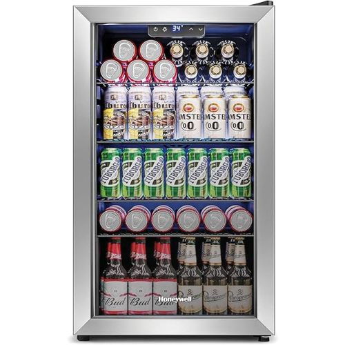 Honeywell Beverage Refrigerator and Cooler, 116 Can Mini Fridge with Glass Door for Soda Beer or Wine for Office or Bar with Adjustable Removable Shelving, Commercial Grade