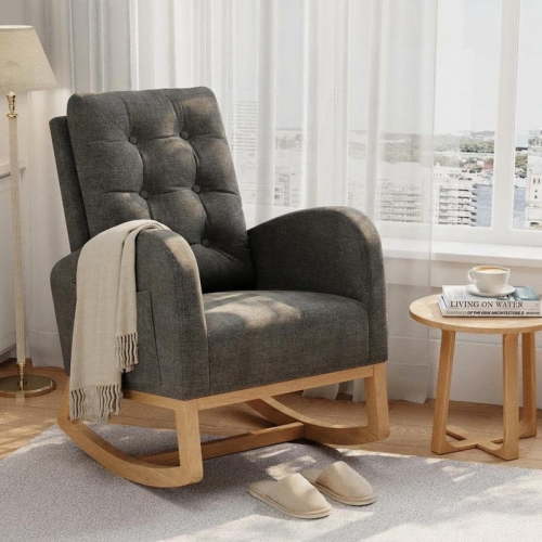 Rocking Chair for Nursery, Upholstered Glider Rocker with High Backrest and Padded Seat, Comfy Accent Armchair with Side Pocket for Bedroom, Living Room, Nursing Room