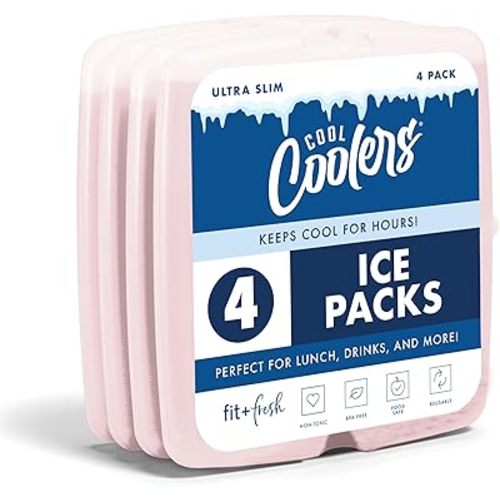 Cool Coolers by Fit & Fresh Slim Ice Packs, Quick Freeze Reusable Ice Packs for Lunch Boxes & Coolers, Long-Lasting, Space Saving Lunch Ice Packs, Light Pink, 4Pk