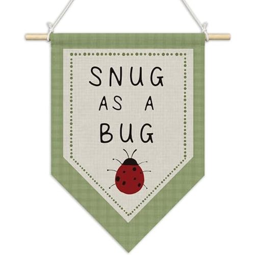 CGBHW Ladybug Nursery Wall Art Pennant Flag 11x15 Inch, Kids Room Wall Banner Hanging Decorations, Snug as a Bug Retro Green Gingham Hanging Decor for Kids Toddler Nursery Room Bedroom Playroom