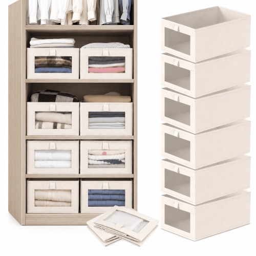 6 Pack Foldable Linen Closet Storage Bins with Clear Window, Closet Organizers and Storage, Fabric Clothing Organizer Boxes for Jeans, T-Shirts, Socks, Toys, Shelves, Dressers and Cabinets