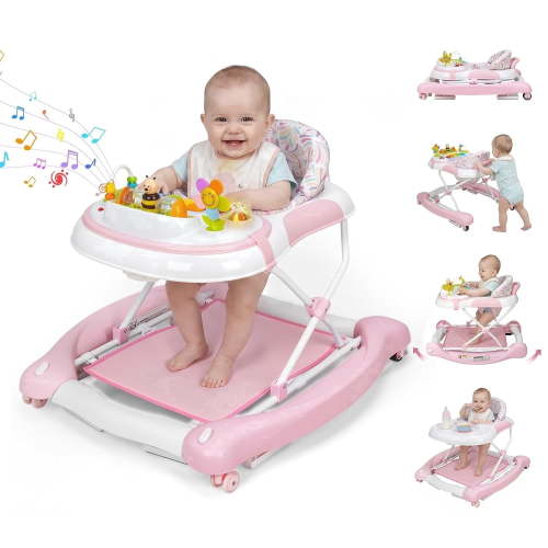 PRVAETU 5 in 1 Baby Walker,Jumper,Rocking,Push,Bouncer for Boys Girls,Foldable,Music & Light,Height Adjustable,Wheel for Infant,Pink Stripes