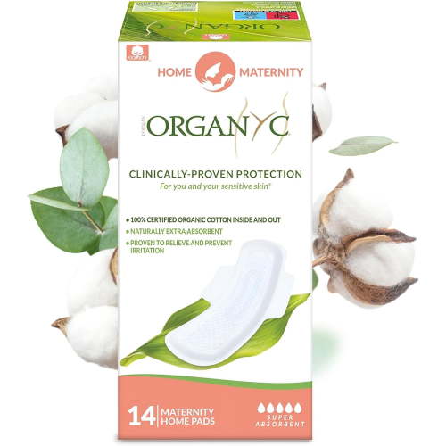 Organyc Home Postpartum Pads, Certified Organic Cotton Pads for Women, for Heavy Flow Days After Childbirth, 14 Counts