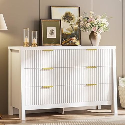 LIKIMIO Fluted 6 Drawers Dresser for Bedroom, 47" Wide Modern Chest of Drawers with Metal Handle, Wooden Dresser Storage Organizer for Living Room, Entryway, Hallway, White
