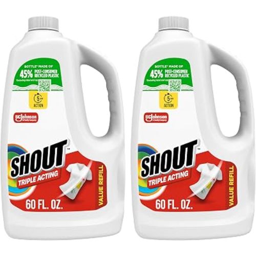 Shout Active Enzyme Laundry Stain Remover Spray for Clothes, Triple-Acting Formula Clings, Penetrates, and Lifts Tough & Everyday Stains - Prewash Refill 60oz (Pack of 2)