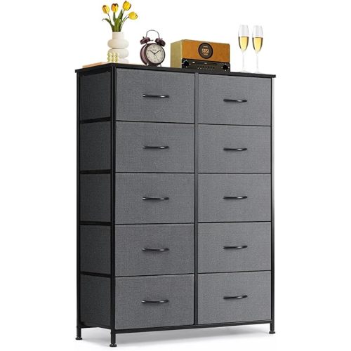 10-Drawer Dresser for Bedroom, Anti-Tip Tall Storage Organizer Chest of Drawers with Wooden Top and Metal Frame Fabric Bins for Closet, Living Room, Hallway, Entryway, Gray