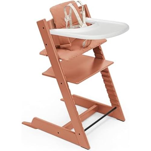 Stokke Tripp Trapp High Chair 2 (Terracotta), Cushion 2 (Terracotta) + Stokke Tray (White) - Includes Chair + Baby Set 2 with Removable Harness for Children 6-36 Months