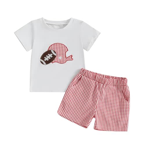 Adobabirl Toddler Baby Boy Football Outfit Rugby Embroidery Short Sleeve Tshirt with Plaid Shorts Boutique Summer Clothes
