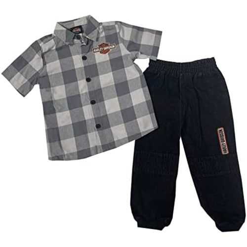 Harley-Davidson Baby Boys' 2-Piece Infant Plaid Shirt & Denim Pant Set - Gray