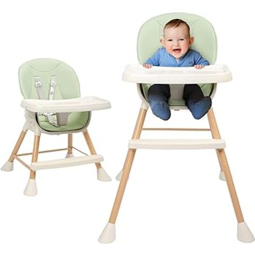 6-in-1 Convertible Baby High Chair, High Chairs with 2-Level Height Adjustable Legs & Removable Tray for Babies and Toddlers, Baby Infant Highchair with 5-Point Safety Belt & Footrest, Green