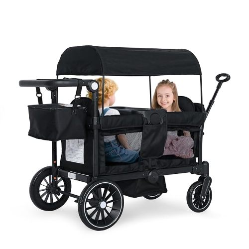 Kinder King Stroller Wagon for 2 Kids, Foldable All-Terrain Outdoor Toddler Kids Wagon Stroller 2 Seater, Removable Canopy, Adjustable Push/Pull Bar, Detachable Tray, Parent Organizer, Black