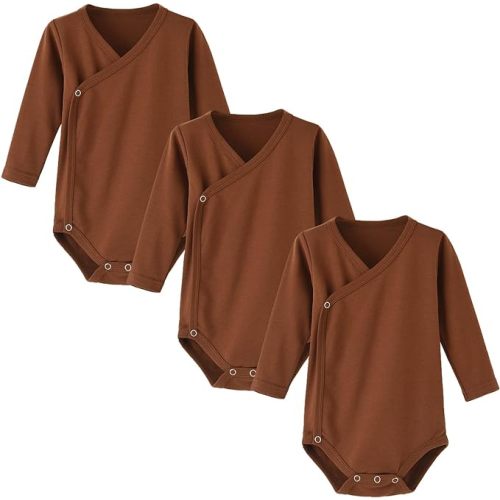 BROWN 0-3 Months: ACESTAR Baby Boy Girl Side Snap Bodysuits - 100% Cotton Plain Long Sleeve Baby Kimono for Newborn-12 Months, 3 Pack