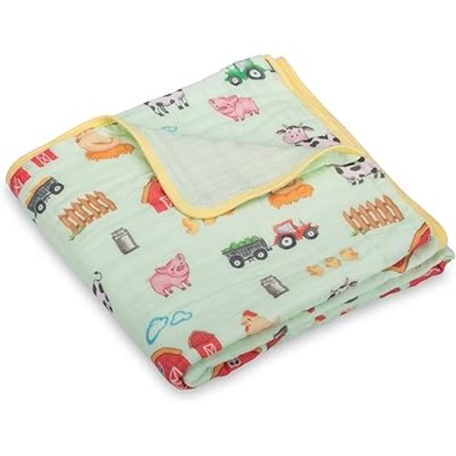 LollyBanks Muslin Baby Blanket 100% Organic Cotton, Muslin Quilt Lightweight, 6 Layers Soft Blanket Neutral, 47"x 47" Toddler Blankets for Girls and Boys, Nursery Receiving Blankets (Farm Theme Print)