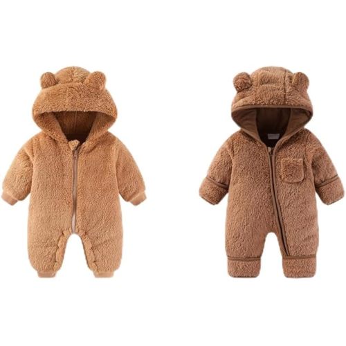 AiWMGL 3-6Months Newborn Baby Bear Outfit Suit Girls Boys Fleece Jumpsuit Romper Hooded Winter Snowsuit Clothes Newborn Baby Bear Outfit Suit Fold-Over Mittens Footies