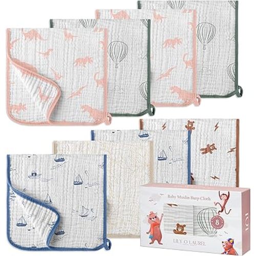 Muslin Burp Cloths, 20"x10"- Pack of 8, 6 Layers Super Soft Absorbent & Breathable 100% Cotton for Baby Drool and Messes, Burp Cloth Baby Boy and Burp Cloths Baby Girl