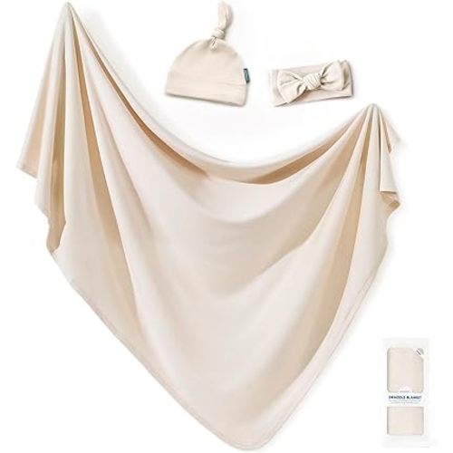 GRSSDER Newborn Swaddle Blanket, Ultra Soft Jersey Receiving Blanket with Matching Headband and Beanie Set 33×44", Stretchy Baby Neutral Swaddle Wrap for Girls and Boys