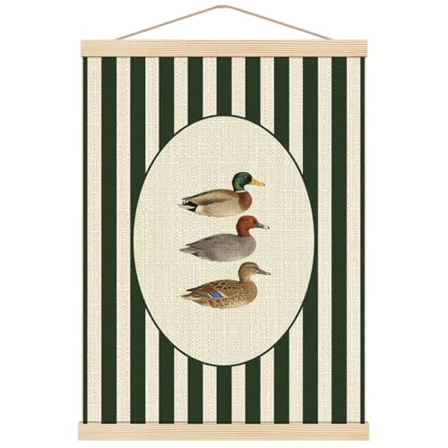 Boat Wades Mallard Duck Nursery Wall Art Poster Hanger Frame, Green and White Striped Mallard Redhead Ducks Wildlife Wall Decor for Kids Boys Room Nursery Playroom Home, 12x16 Inch