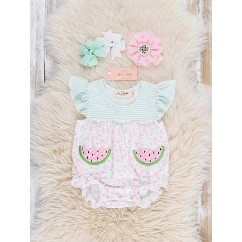 Little Melon Floral Embroidered Ruffle Bubble Romper