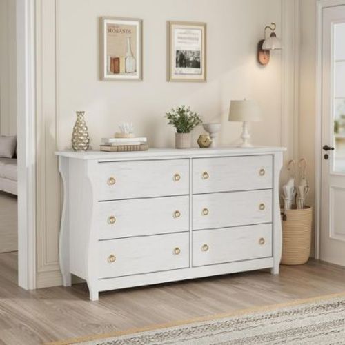 6-Drawer Dresser - Tall Boho Dresser with Curved Legs, Rattan Accents, and Freestanding Storage for Living Room, Bedroom, Entryway, or Balcony， White