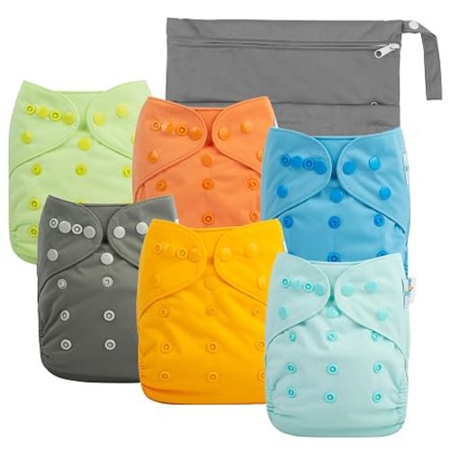 babygoal Cloth Diaper Covers 6 Pack with Wet Bag for Fitted Diapers and Prefolds with Double Gussets, Adjustable and Reusable for Baby Boys and Girls