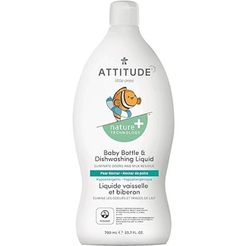 ATTITUDE Baby Bottle and Dishwashing Liquid, EWG Verified, No Dyes, Tough on Milk Residue and Grease, Vegan and Cruelty-free, Pear Nectar, 23.7 Fl Oz