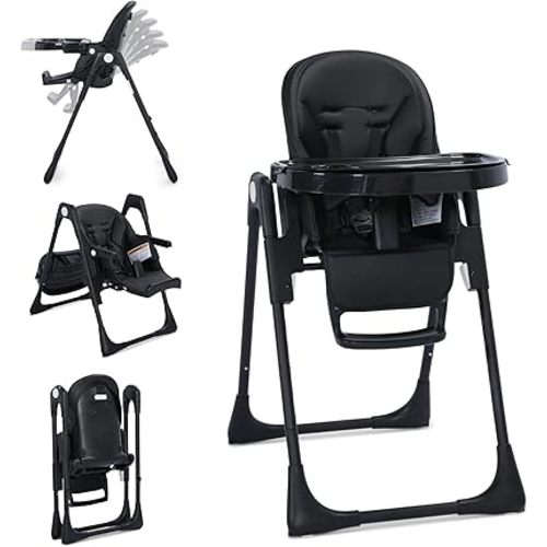 3 in 1 Foldable Baby High Chair, Infant High Chairs for Babies and Toddlers, 6 Height & 5 Recline Adjustable Toddler Feeding Chair, 2 Tray Depth & 3 Footrest Angles, 2 Built-in Wheels, Black