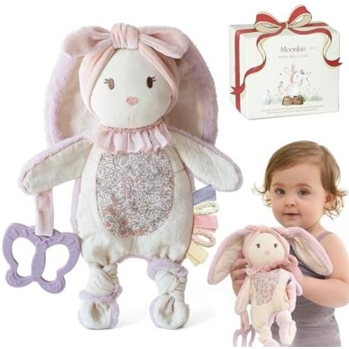 Moonkie Baby Lovey with Silicone Teether, Bunny Security Blanket with Textured Ribbons, Crinkle Toys, Soft Minky Velour & Natural Cotton, Newborn Girl Gift for Baby Shower or Birthday