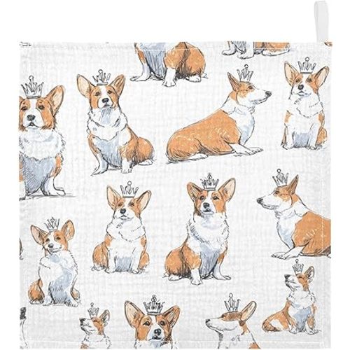 Baby Washcloths Newborn Muslin Burp Cloths Corgi Pattern 3 Pack Soft Cotton Baby Face Bath Towel Drool Bibs for Infants, Girls and Boys 11.8 x 11.8 Inch