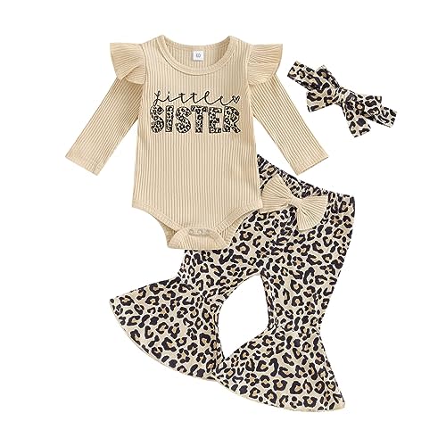 Kuriozud Newborn Baby Girl Bell Bottom Outfit Ruffle Romper Cute Bow Flare Pants Set Headband Cute Clothes