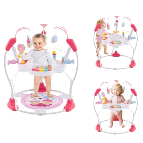 HONEY JOY Baby Bouncer Activity Center, Infant Jumper and Table w/ 360° Rotary Seat, 3 Adjustable Heights, Mat, Music, Lights, Sounds & Developmental Toys, Activity Center for Babies (Pink)