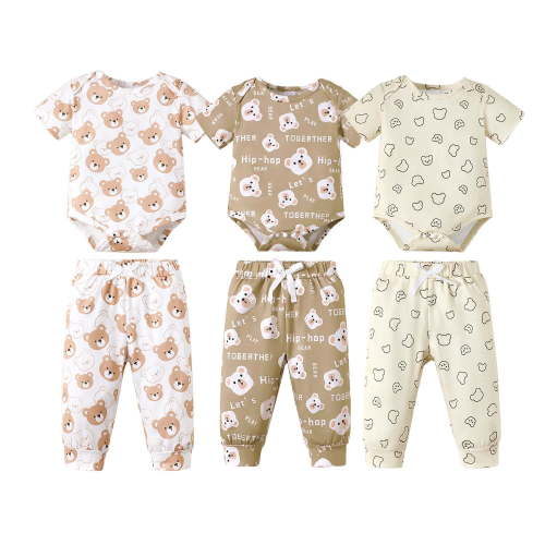 Kucnuzki Newborn Baby Boys Layette Gift Set 0-3 Months Bodysuit Pants Sets Short Sleeves Romper Top + Pants Bear Print Clothing Sets 6pcs Outfits Apricot
