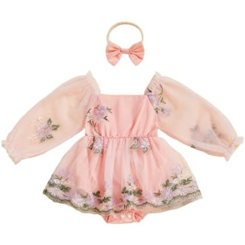 Douhoow Baby Girl Romper Dress 3D Floral Daisy Baby Romper and Bow Headband 2 Pcs Infant Fall Winter Festival Clothes