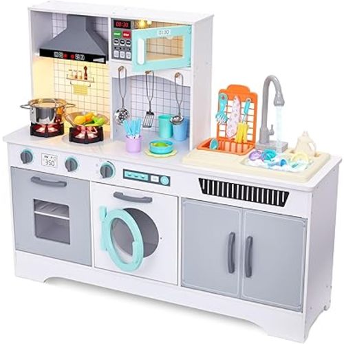 Lil’ Jumbl Wooden Kids Play Kitchen with Real Running Water Sink – Interactive Pretend Kitchen Set with Microwave, Stove, Lights & Sounds for Ages 3+ - Grey