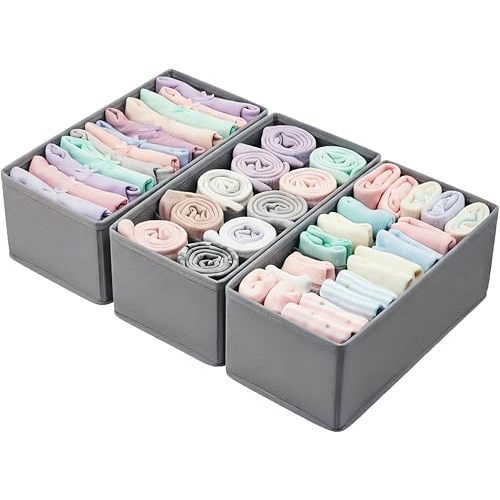 Dresser Drawer Organizer 3-Pack Gray - Small Storage Bins for Socks & Underwear, Foldable Fabric Dividers for Closet