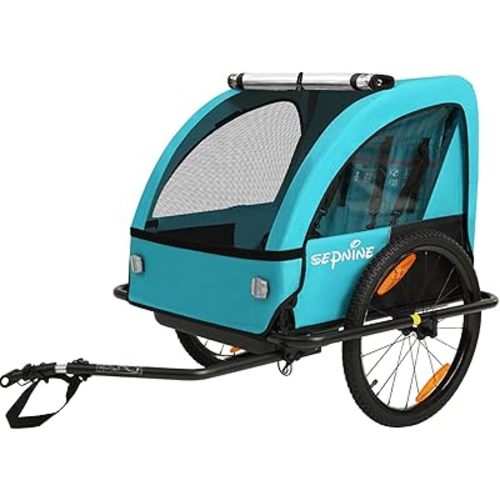 Sepnine Kids Bike Trailer, Suitable for 1 to 2 Children, Double Seat, Universal Coupler, Foldable, Canopy with Bug Screen and Weather Shield, with 5-Point Harness and Storage Bags