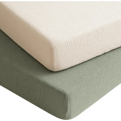 Konssy Muslin Crib Sheets for Boys, Soft Cotton Neutral Baby Sheets for Standard Crib Mattress 2 Pack, 52"x28" (Fog Green,Cream)